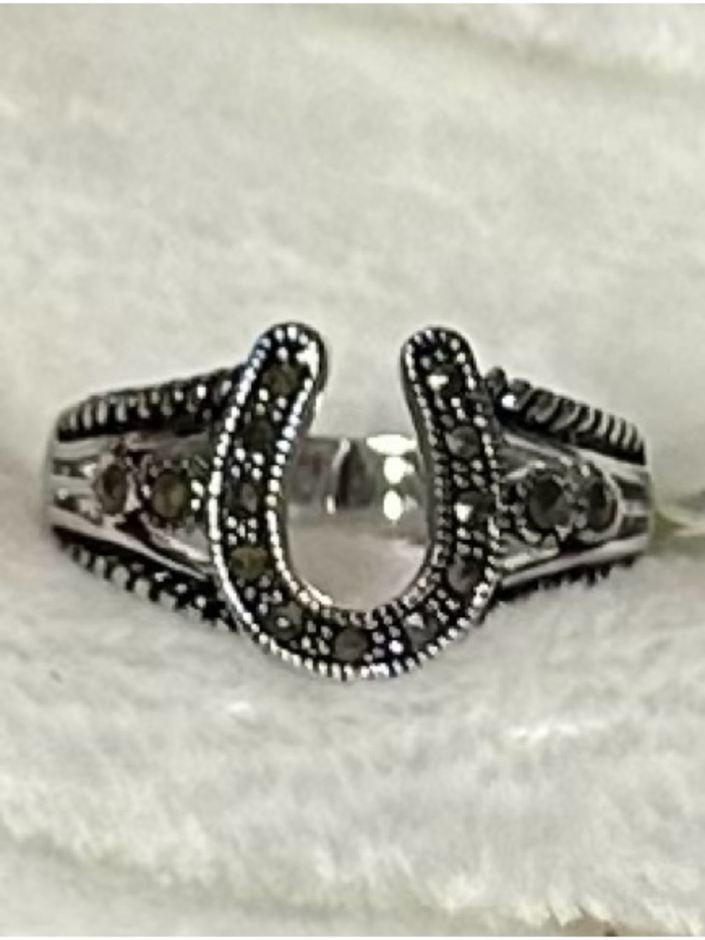 Sterling Silver Horseshoe Ring with Marcasite Accents - Black